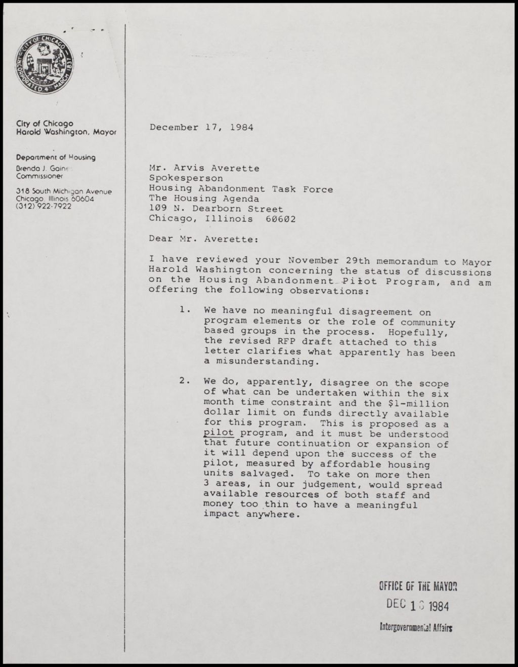 Department of Housing Proposals, 1984 (Folder II-1792)