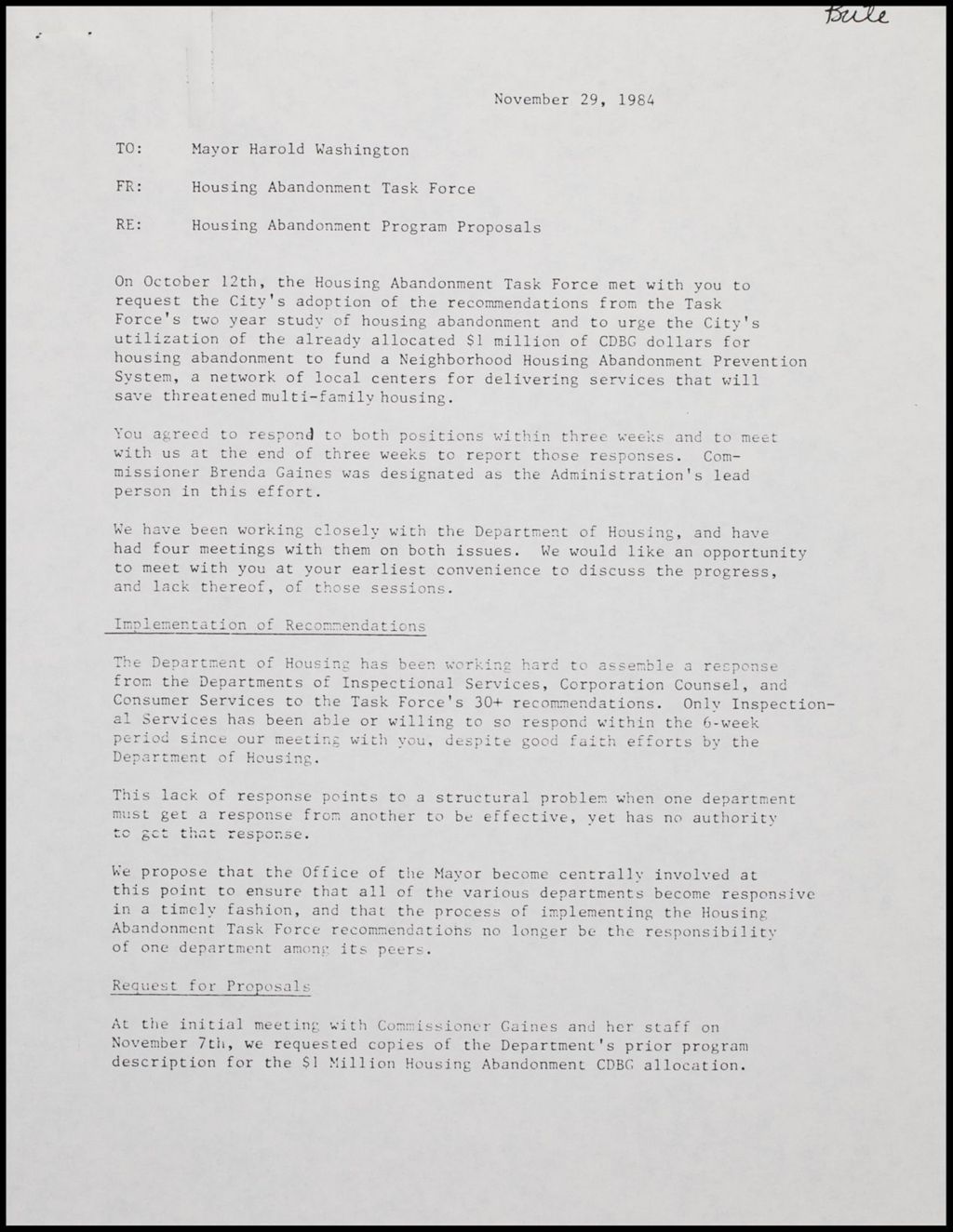 Housing Abandonment Task Force - Memos to Mayor Washington, 1984 (Folder II-1791)