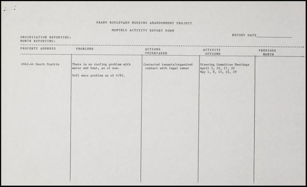 Monthly Activity Report, 1985 (Folder II-1809)