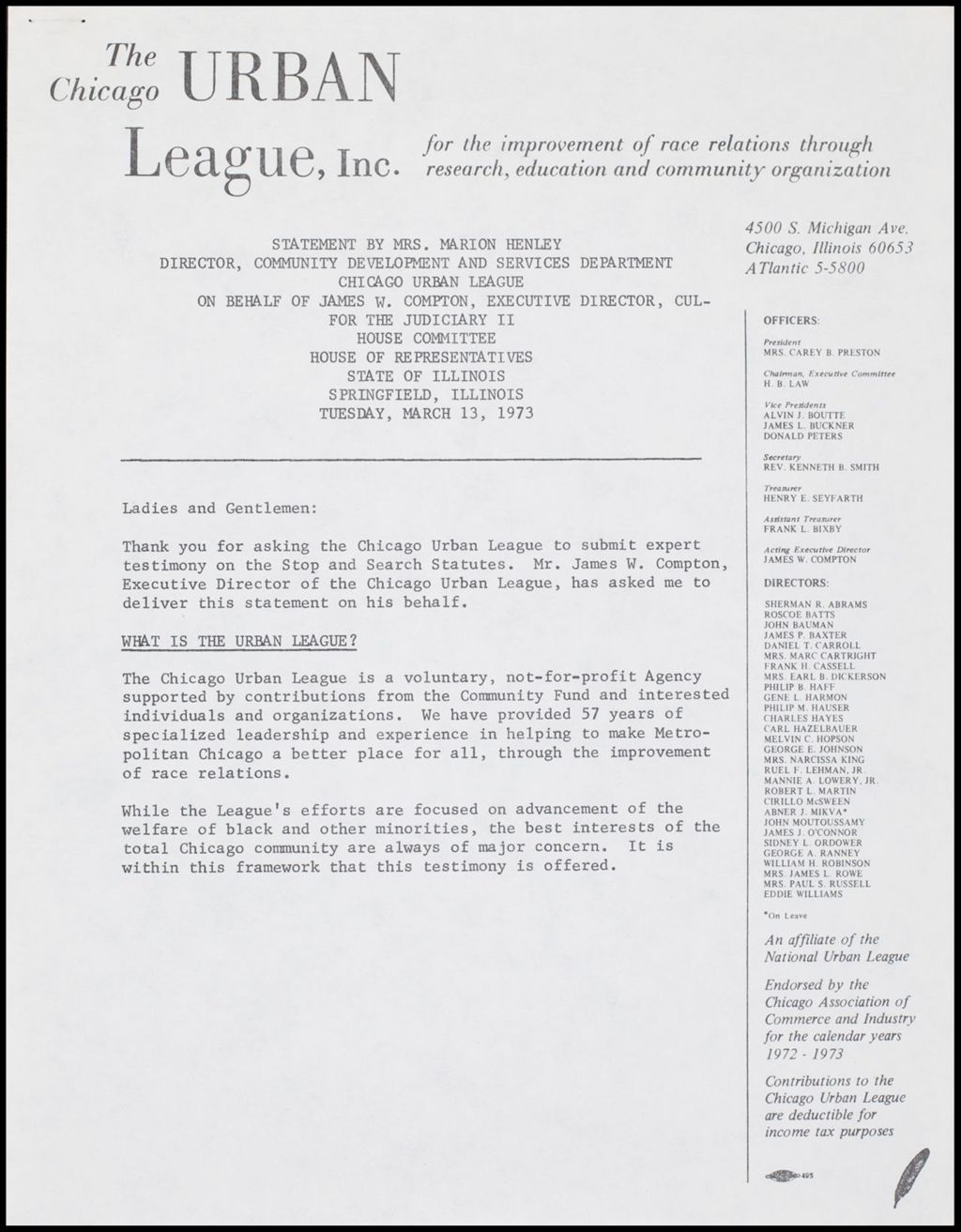 Miniature of Legislative Support, 1973 (Folder II-2120)