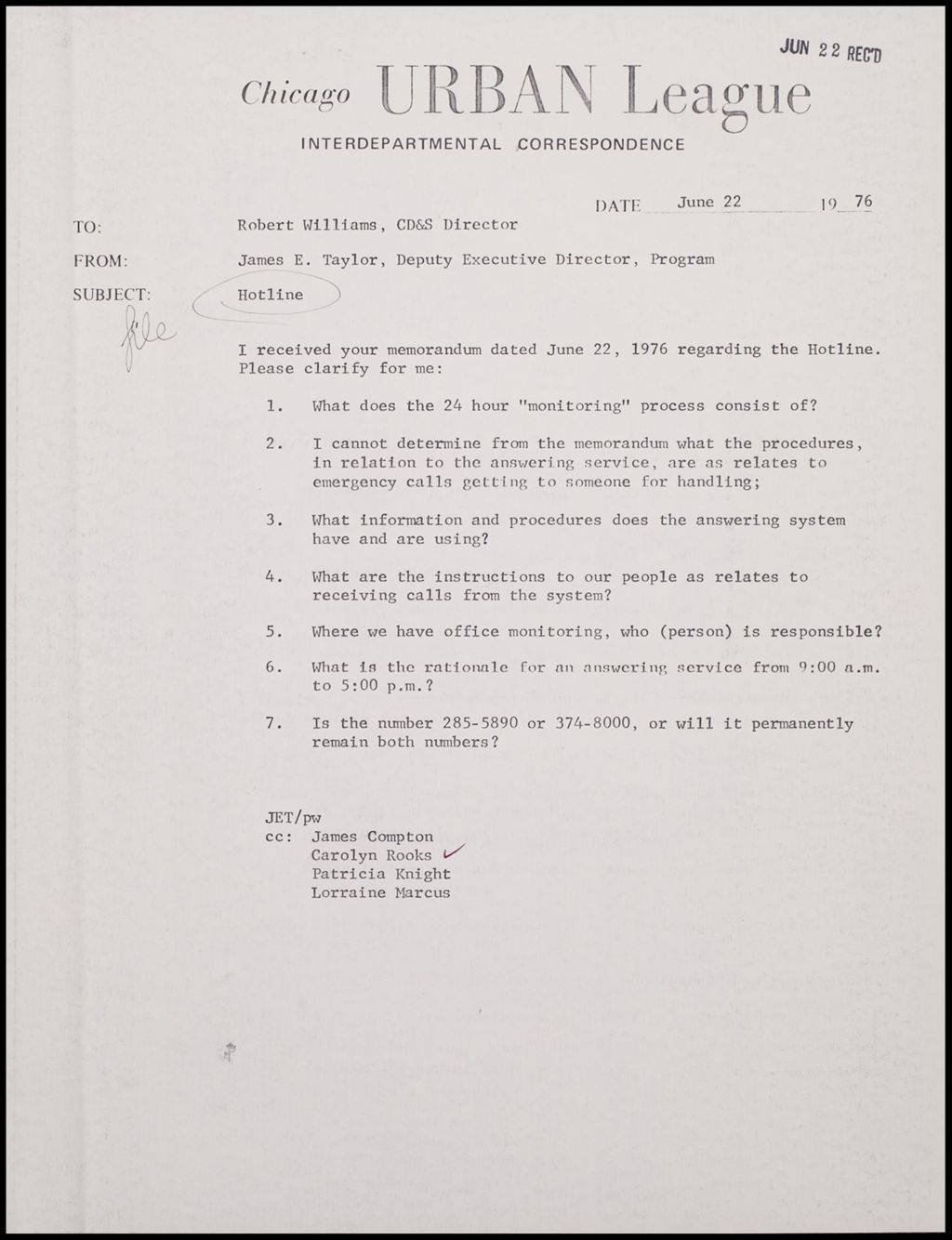 Community Development and Services Hotline, 1976 (Folder II-2077)