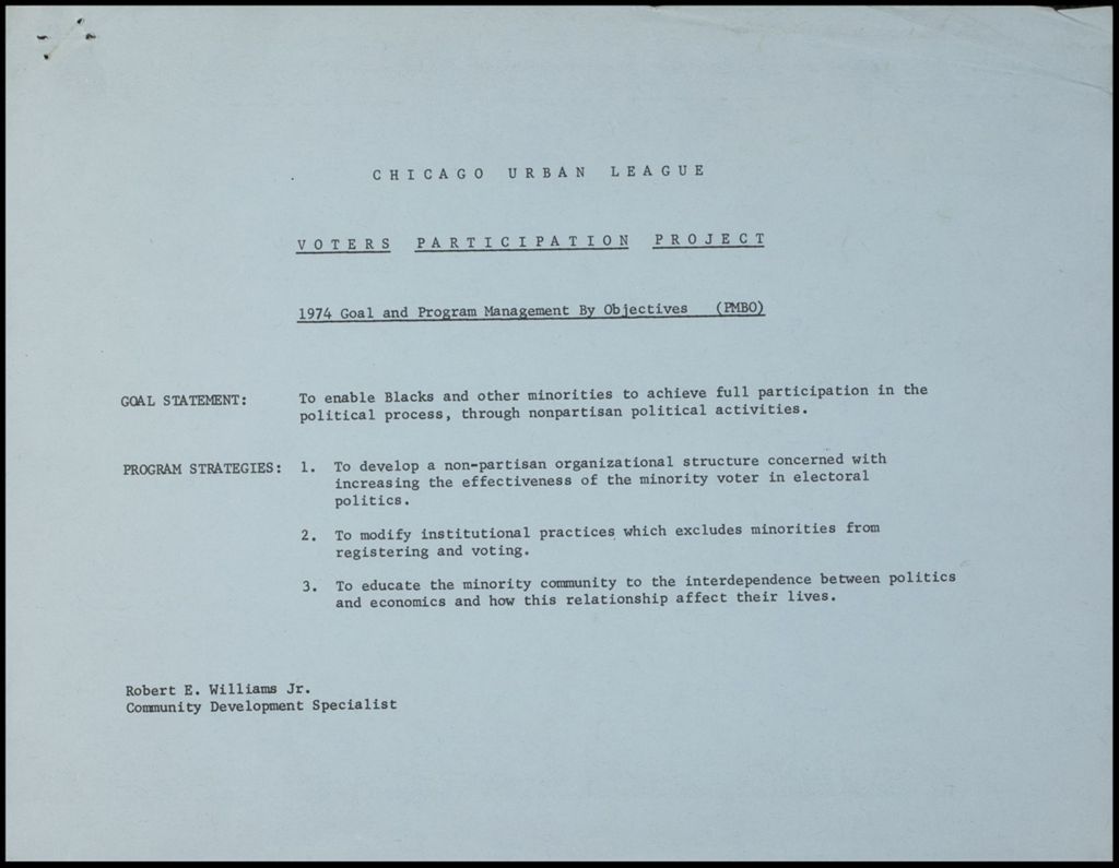 Objectives, Political Education and Workshops, 1974-1975 (Folder II-2129)