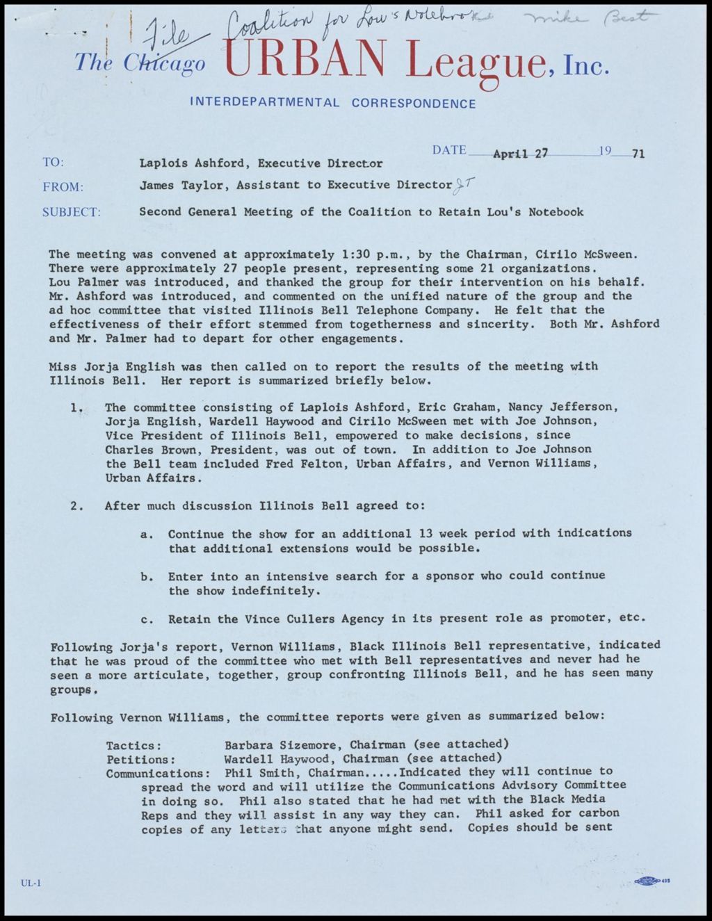 Coalition to Retain Lou's Notebook, 1971 (Folder II-2154)