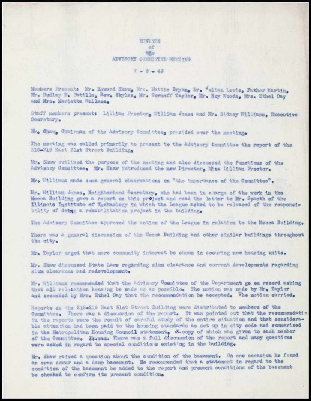 Staff Advisory Committee - Agendas and Minuets, 1949-1951 (Folder II-2178)