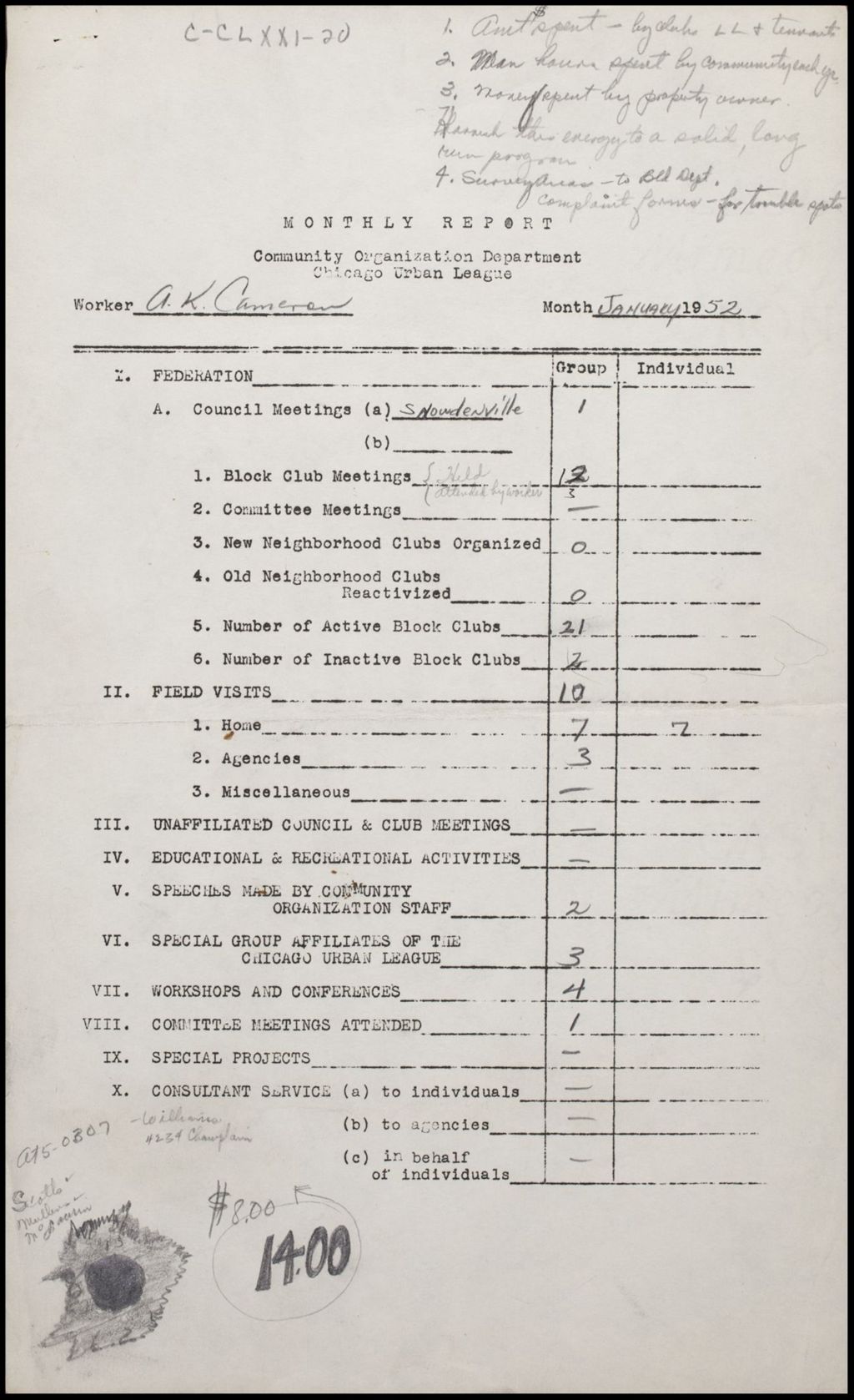 Community Workers' Monthly Reports, 1949-1952 (Folder II-2175)
