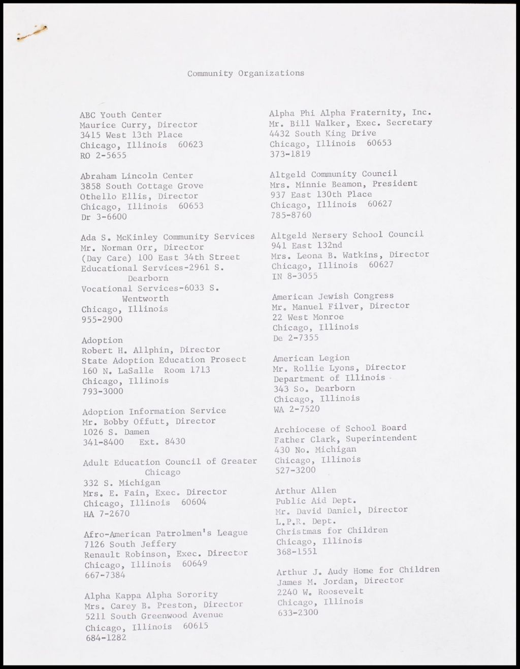 Miniature of List of Community Organizations, undated (Folder II-2267)