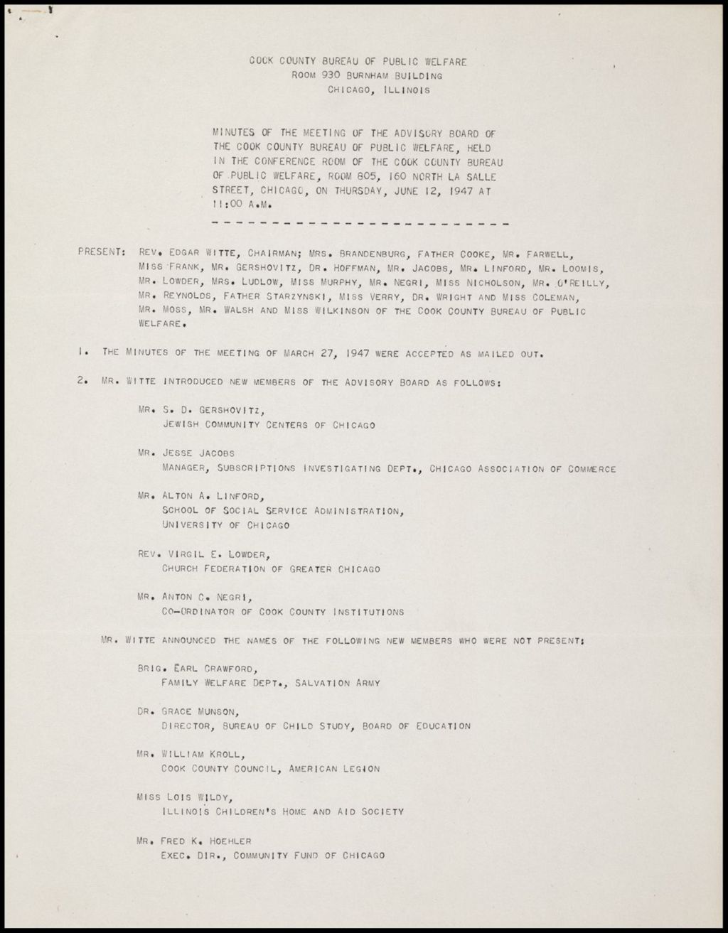 Miniature of Cook County Bureau of Public Welfare - Minuets of Advisory Board, 1947 (Folder II-2277)