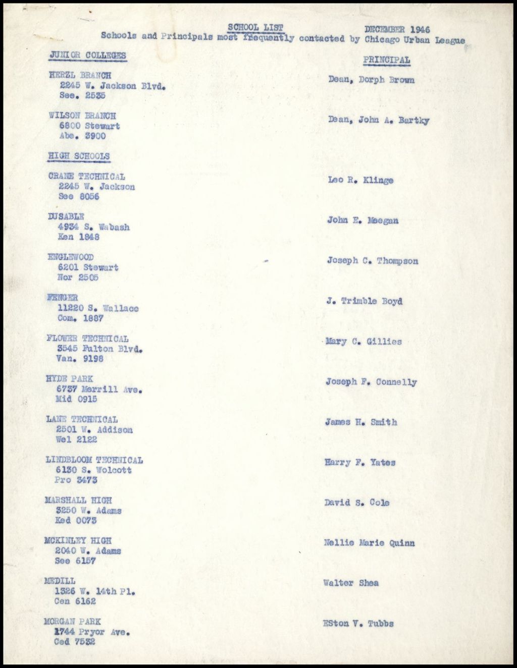 Miniature of Schools - Lists of Schools and Principals, 1946-1954 (Folder II-2275)