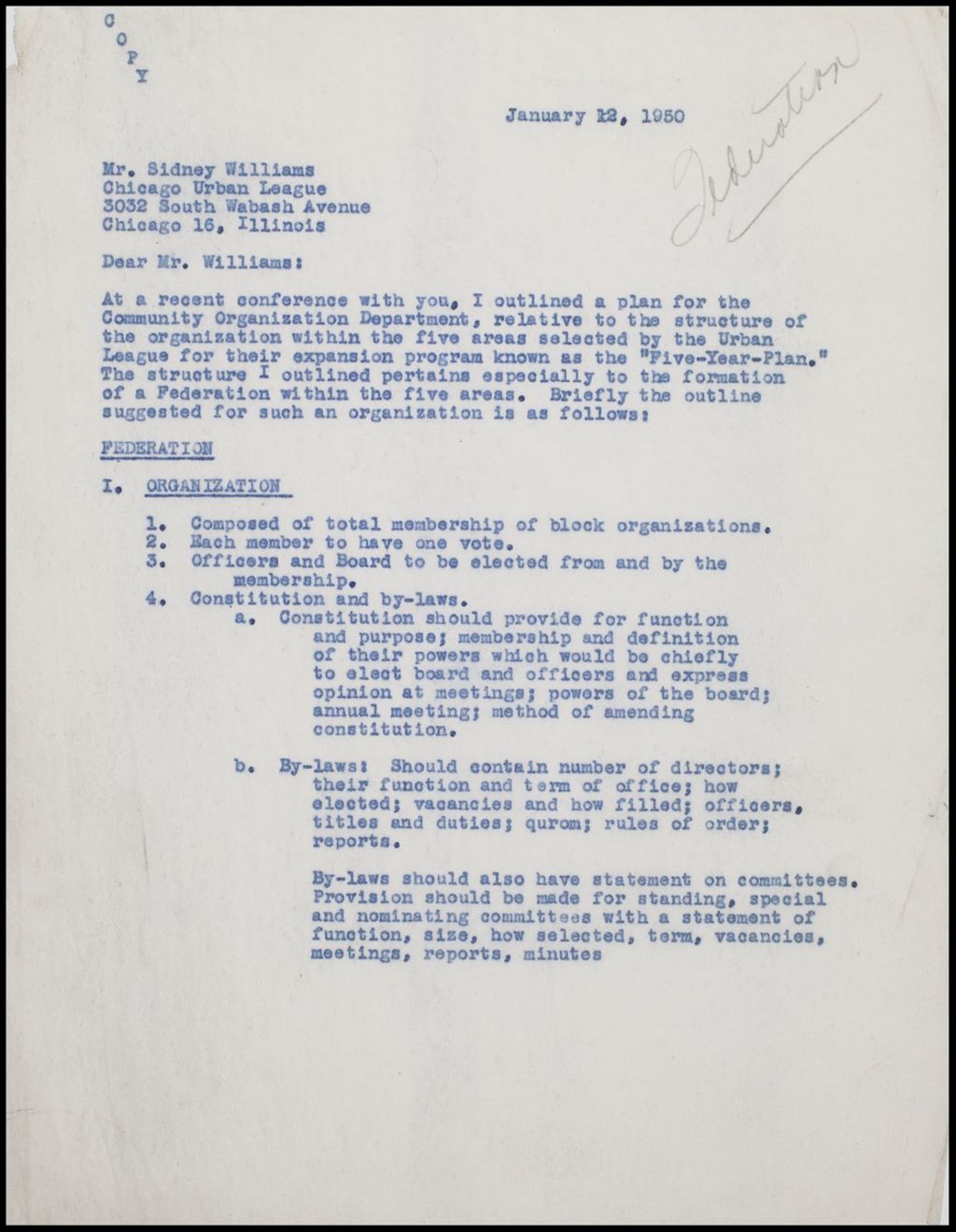 Federation of Block Units and Neighborhood Clubs - Correspondence, 1950-1955 (Folder II-2307)