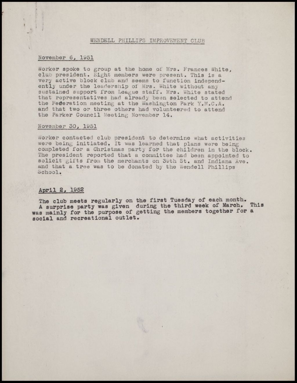 Block Club Reports - Snowdenville Council, 1950-1954 (Folder II-2303)