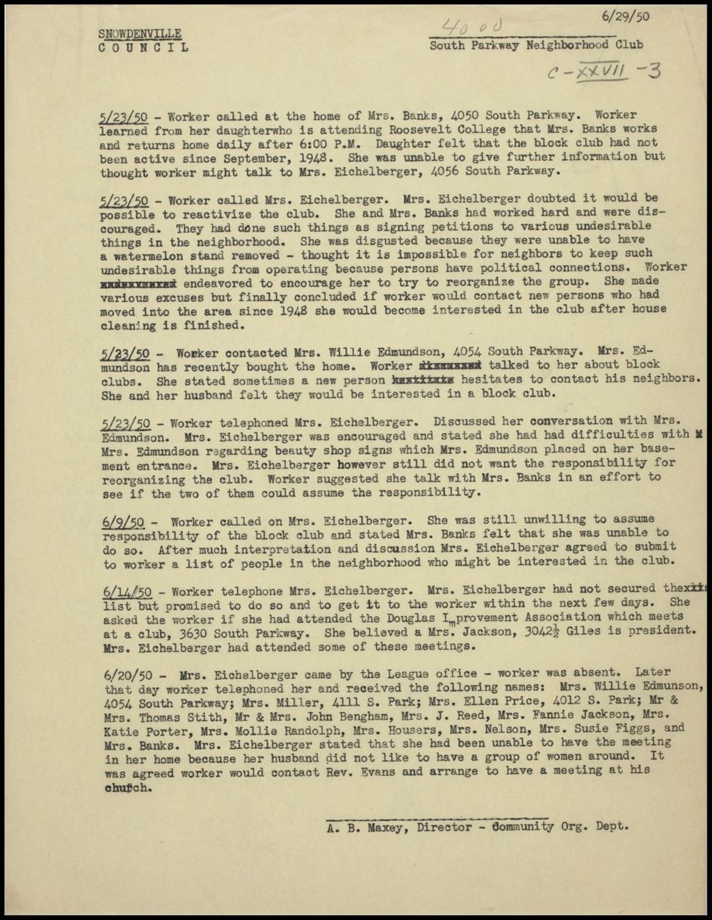 Block Club Reports - Snowdenville Council, 1950-1954 (Folder II-2302)