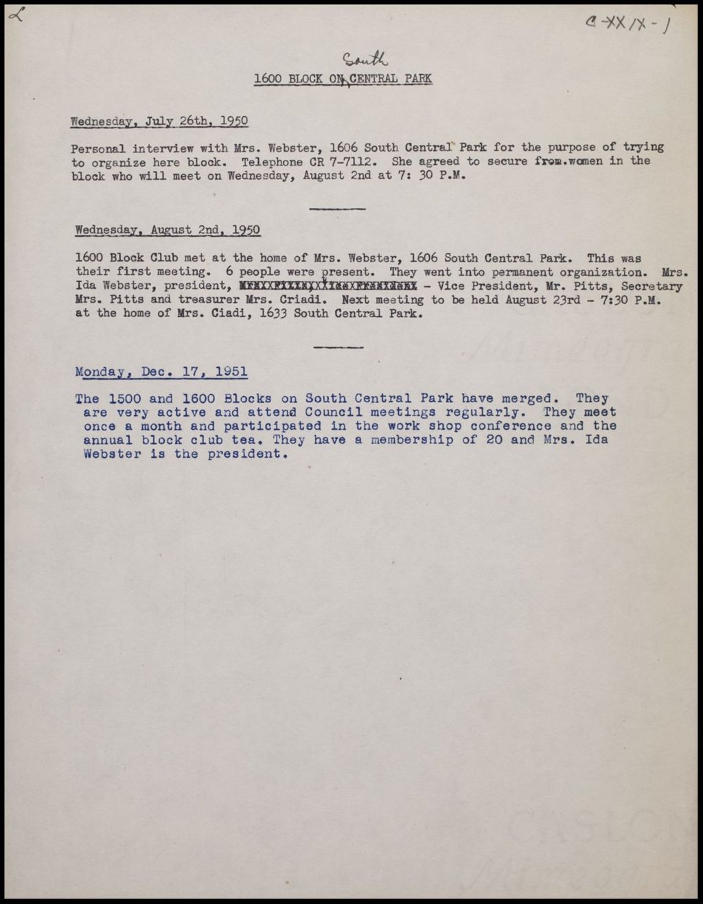 Miniature of Block Club Reports - Central Park on Westside, 1950-1954 (Folder II-2298)