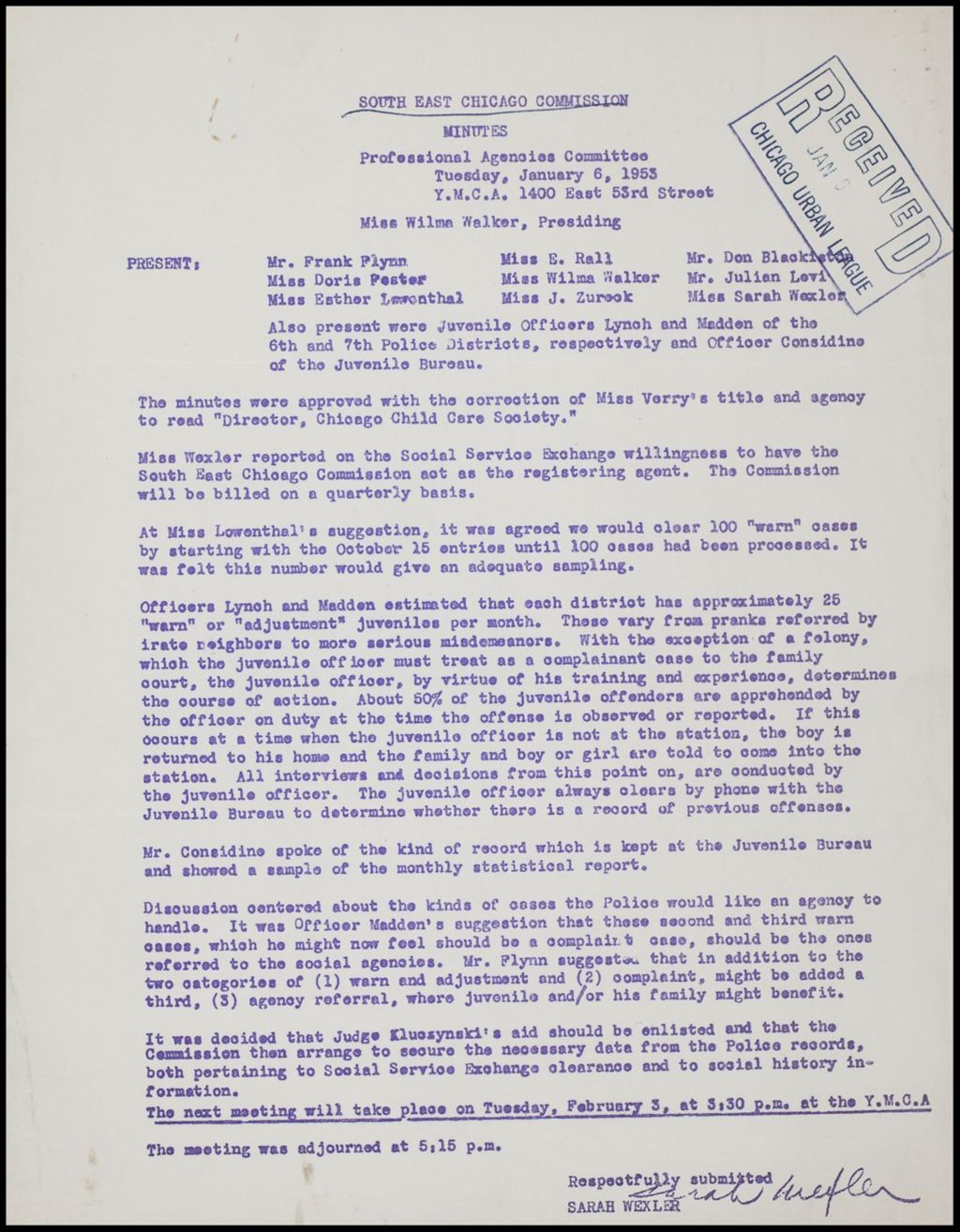South East Chicago Commission - Minutes of Professional Agencies Committee, 1953 (Folder II-2331)