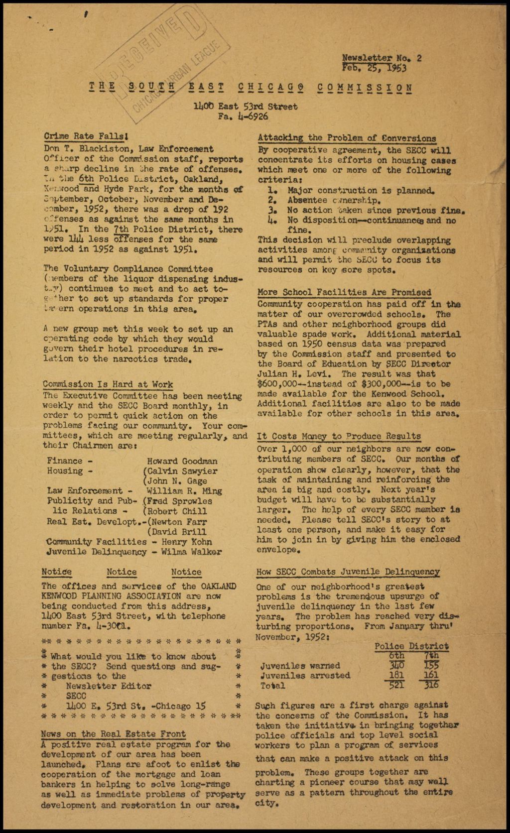 South East Chicago Commission - General, 1953 (Folder II-2330)