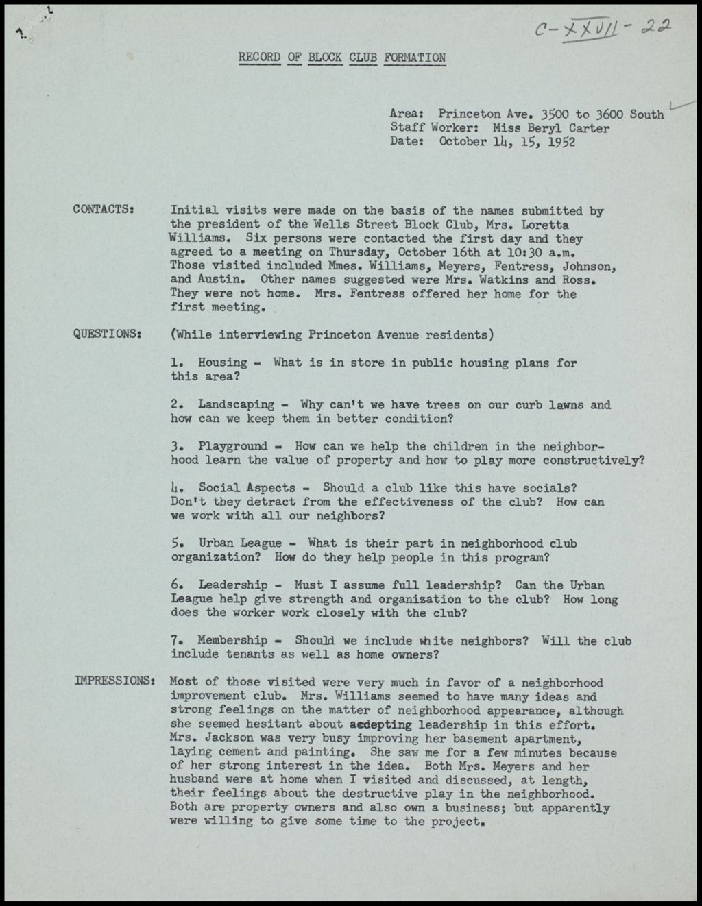 Block Club Reports - Princeton and Wentworth Avenues, 1952 (Folder II-2324)