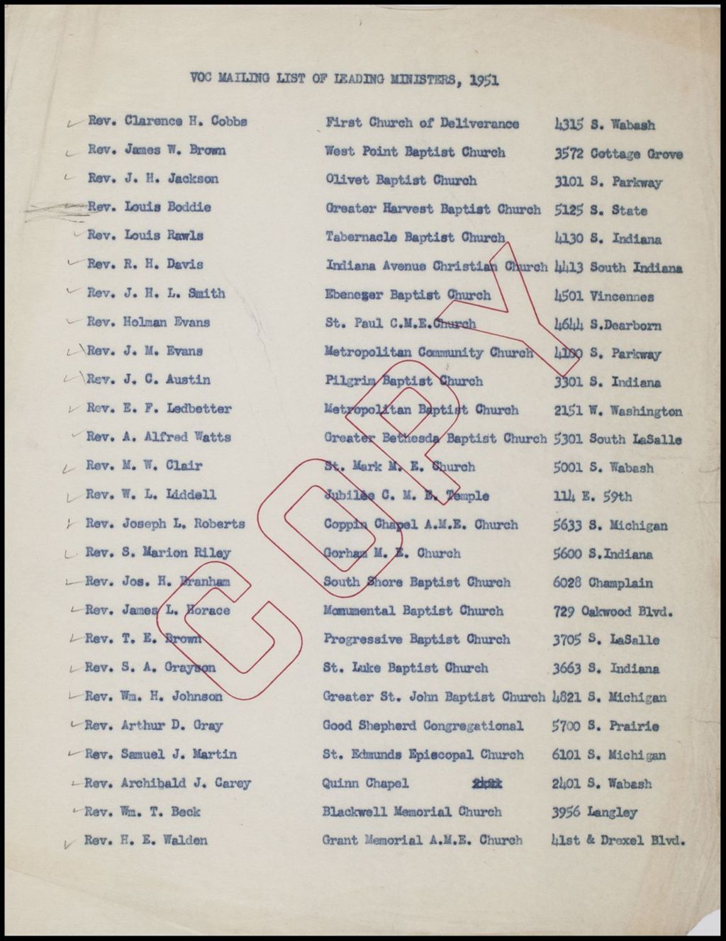 Miniature of Ministers and Churches - Lists, 1951 (Folder II-2318)