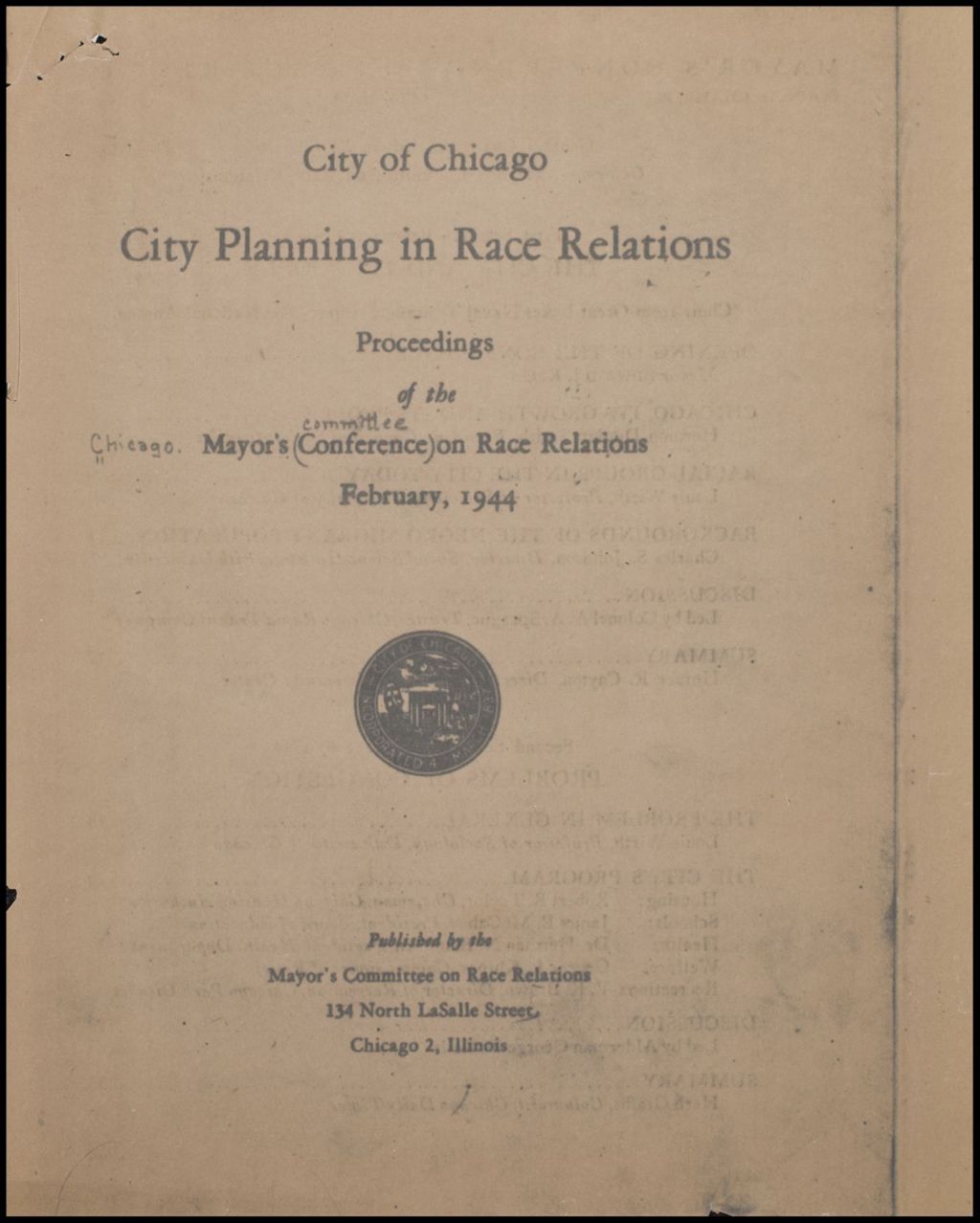 Miniature of Mayors Committee on Race Relations City Planning in Race Relations, 1944 (Folder III-1846)