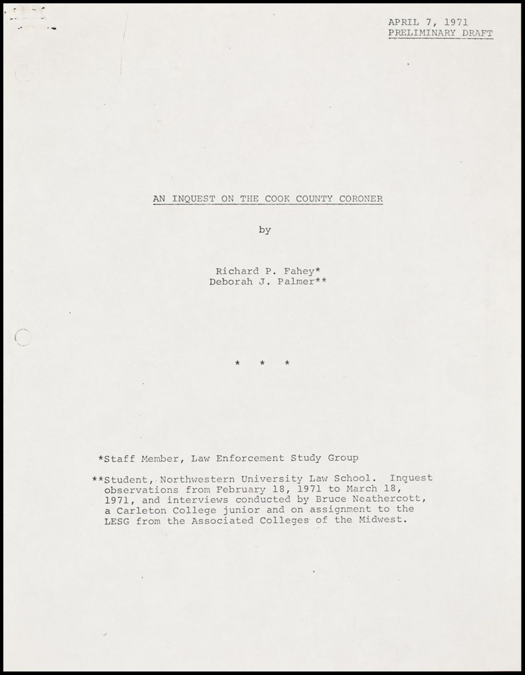 An Inquest on the Cook County Corner, 1971 (Folder III-1885)