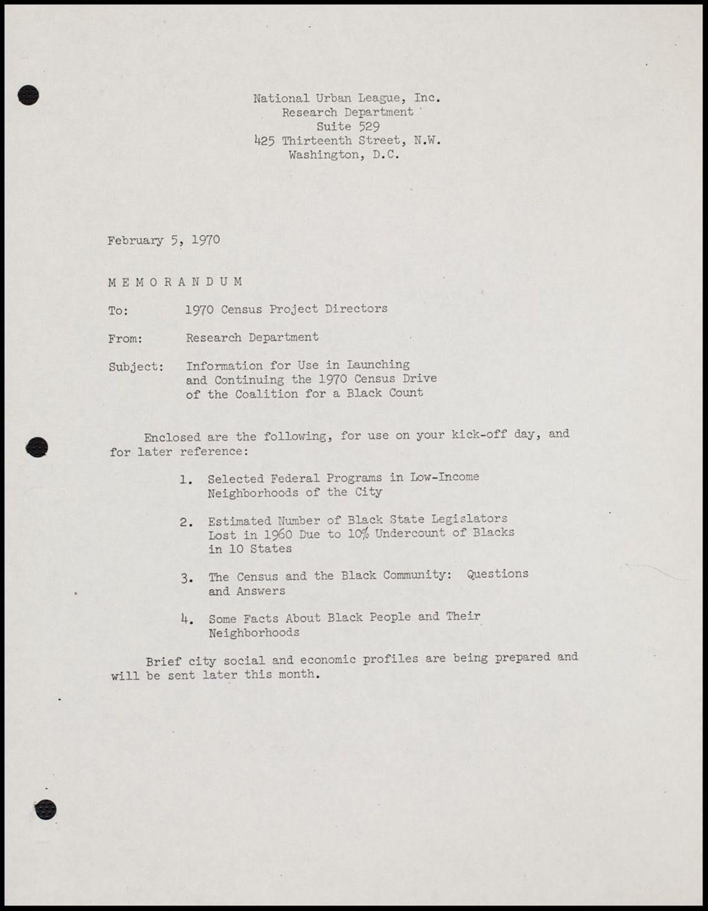 Facts for use by Coalition for 1970 a Black Count, 1970 (Folder III-297)