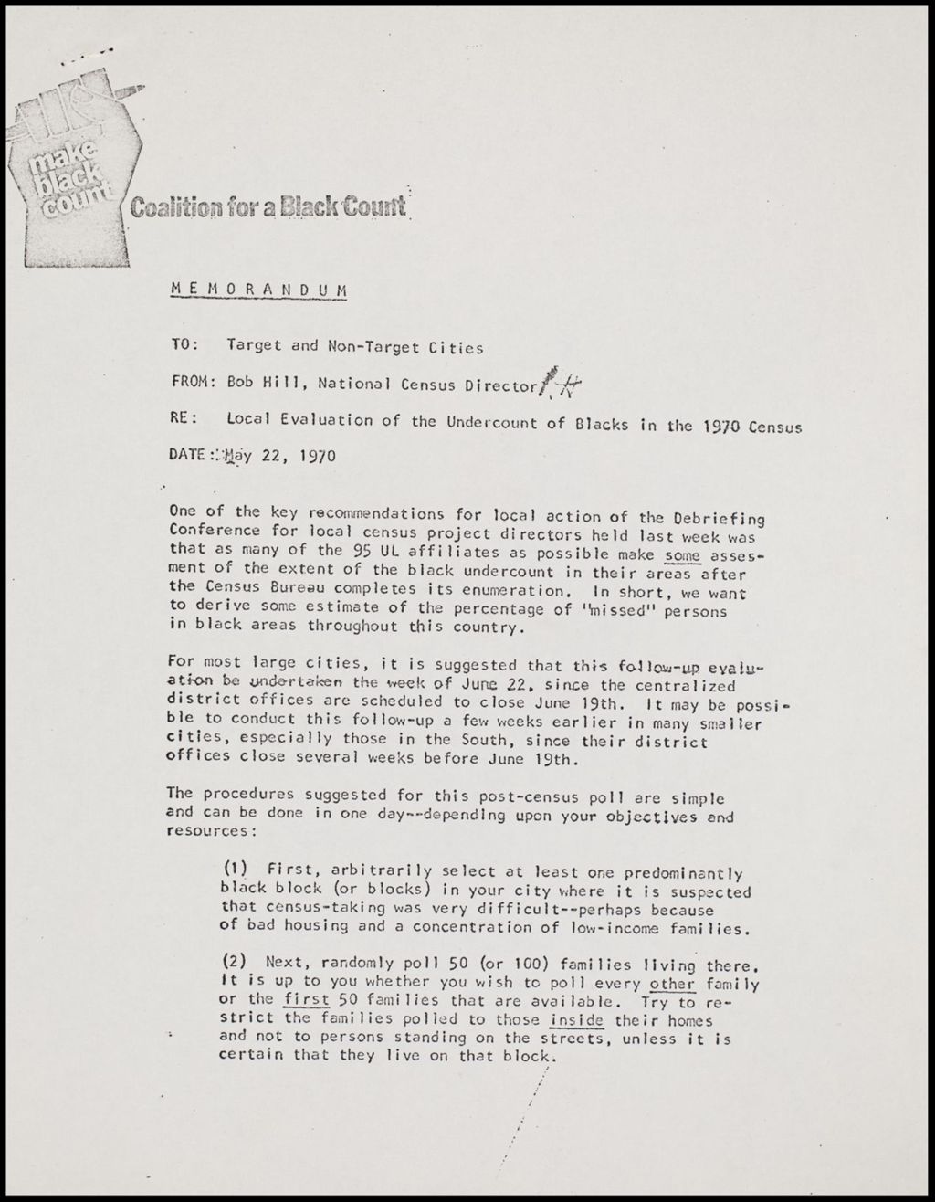 Memorandum Census Project, 1970 (Folder III-300)