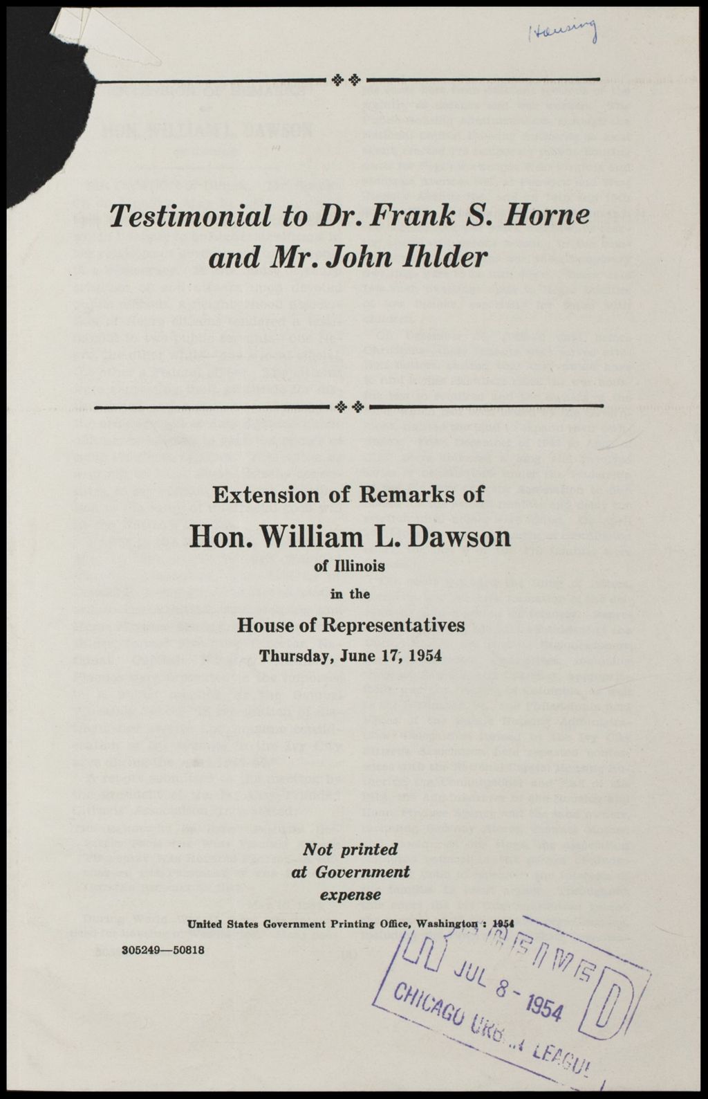 Miniature of Housing Legislation, 1947-1954 (Folder III-493)