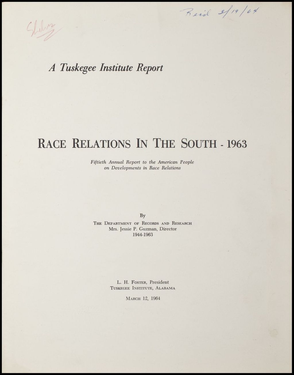 Race Relations In the South Department of Records and Research, 1964 (Folder III-1817)