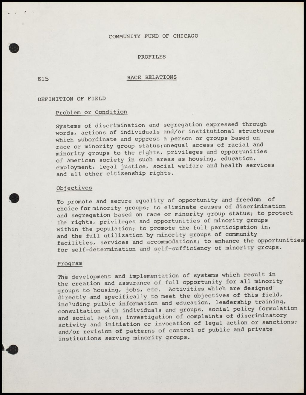 Chicago Community Fund E15 Program Objectives, 1971 (Folder III-1823)