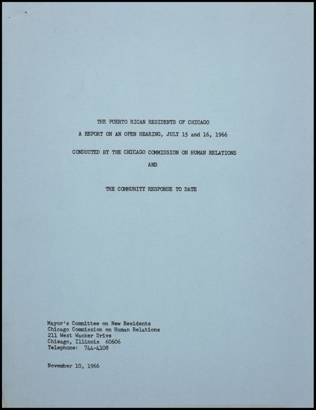 The Puerto Rican Residence of Chicago Mayors Committee on New Residents, 1966 (Folder III-1819)