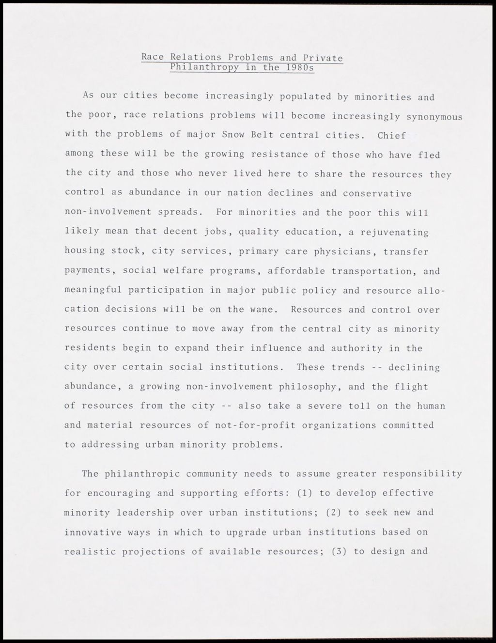 Race Relations Private Philanthropy in the 1980's, 1981 (Folder III-1841)