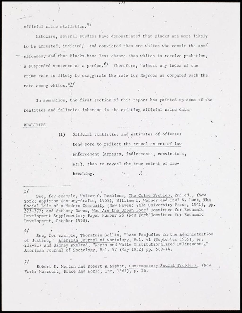 Miniature of Realities and Fallacies in Crime Law Enforcement Differentials for the Black and the Poor, 1969 (Folder III-1860)