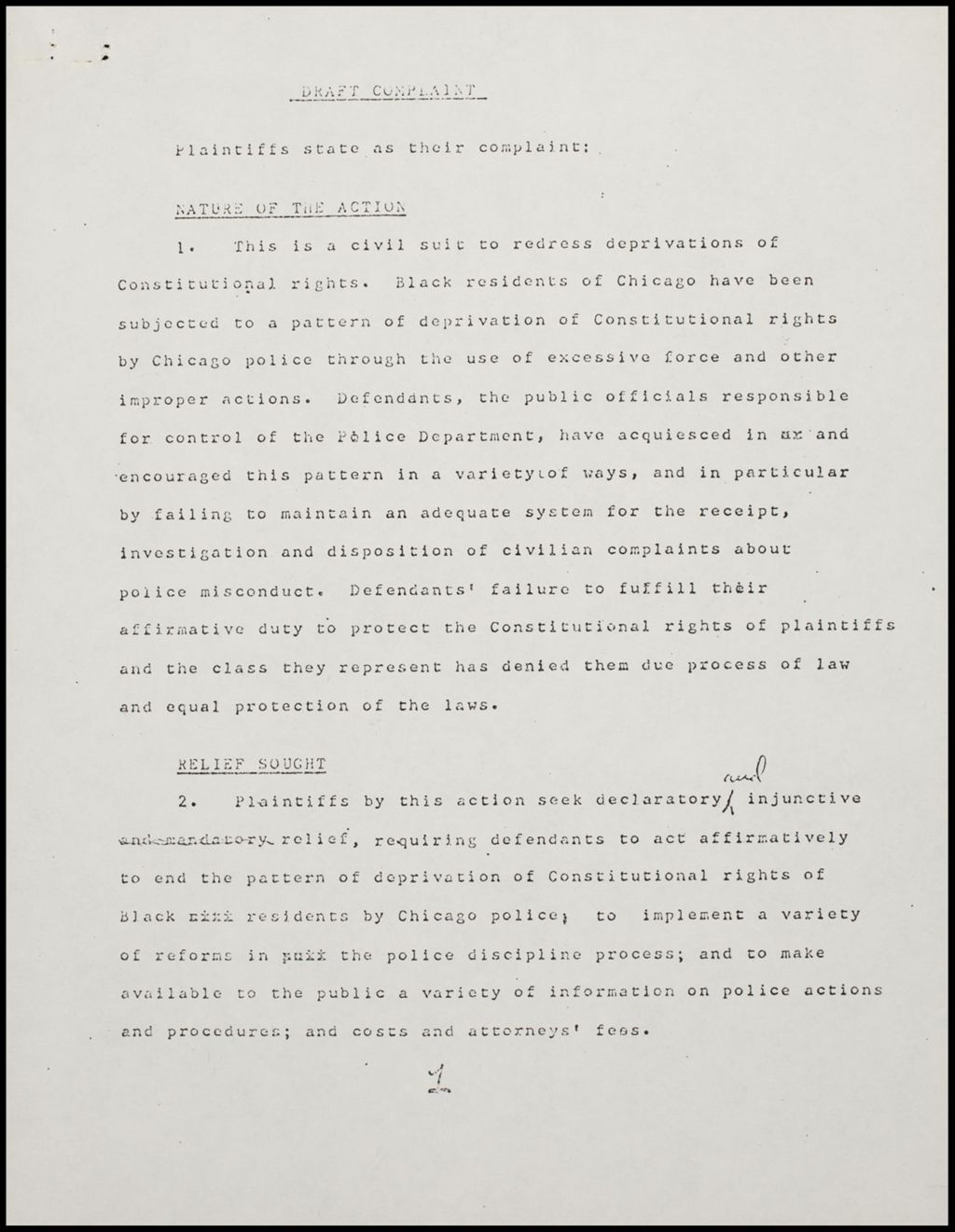 Miniature of Race relations and Law Enforcement Draft Complaint, undated (Folder III-1964)