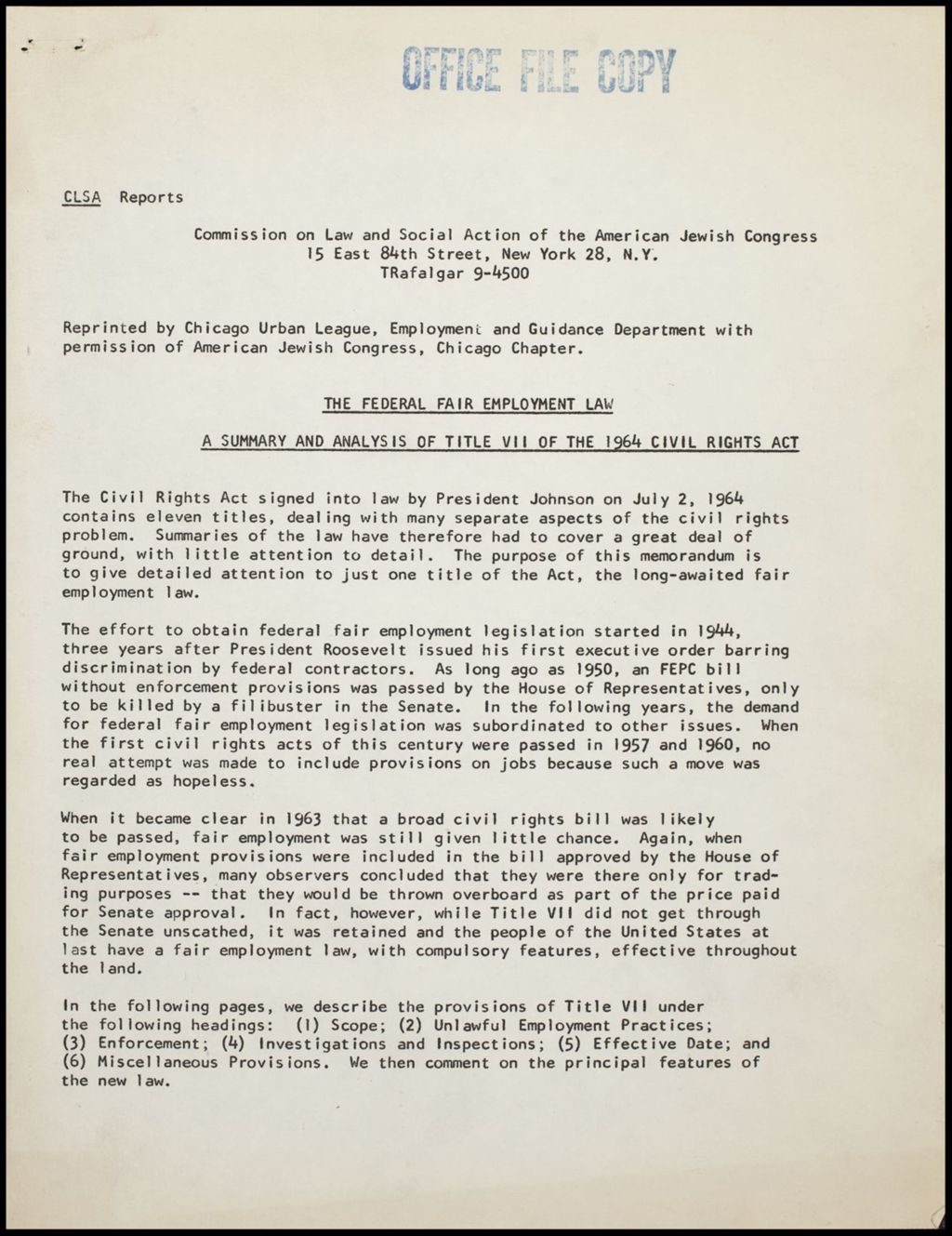 Miniature of Summary and Analysis Civil Rights Act and Challenge from the Nixon Administration, 1969 (Folder III-2938)
