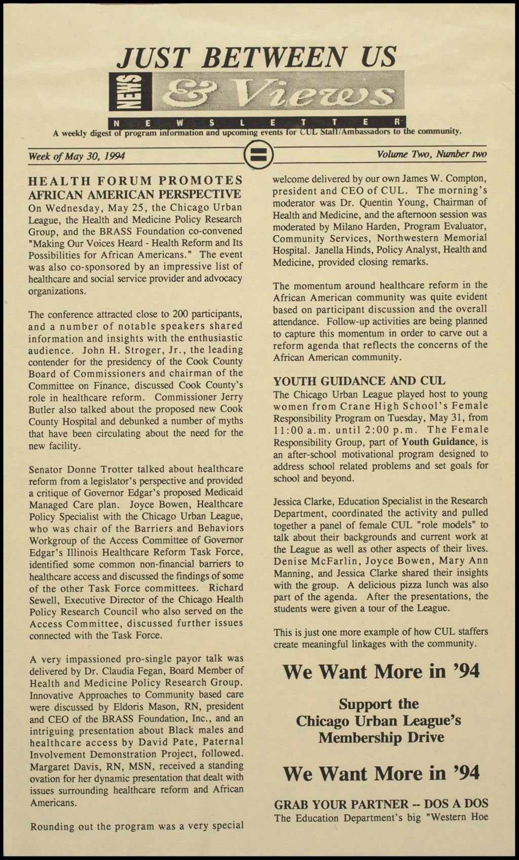 Miniature of CUL Employee Newsletter "Just Between Us", News and Views, 1994 (Folder IV-758)