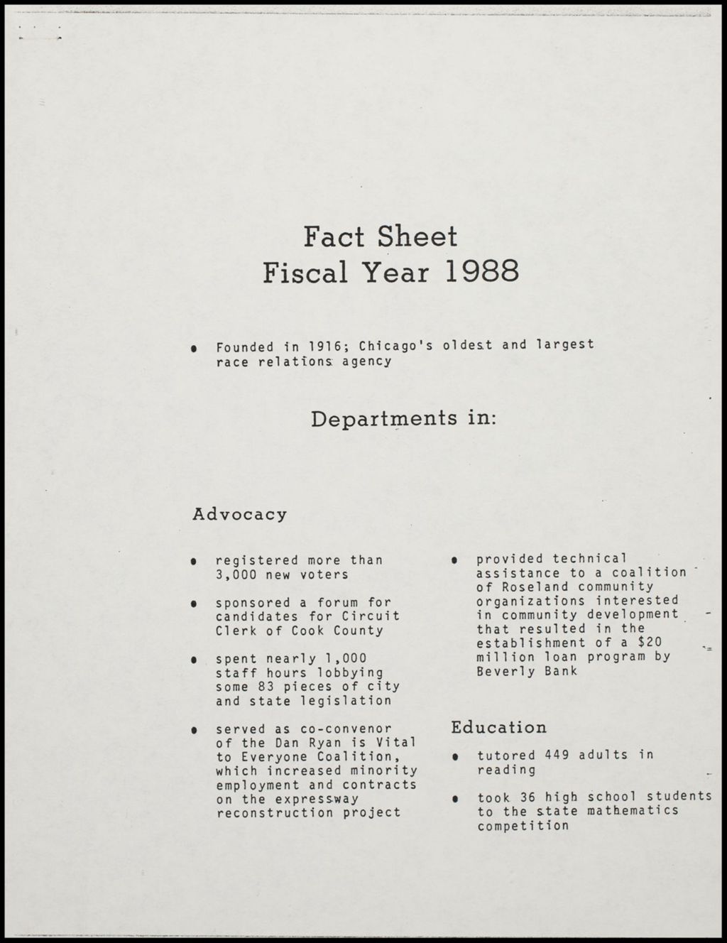 CUL Fact Sheet, 1988 (Folder IV-750)