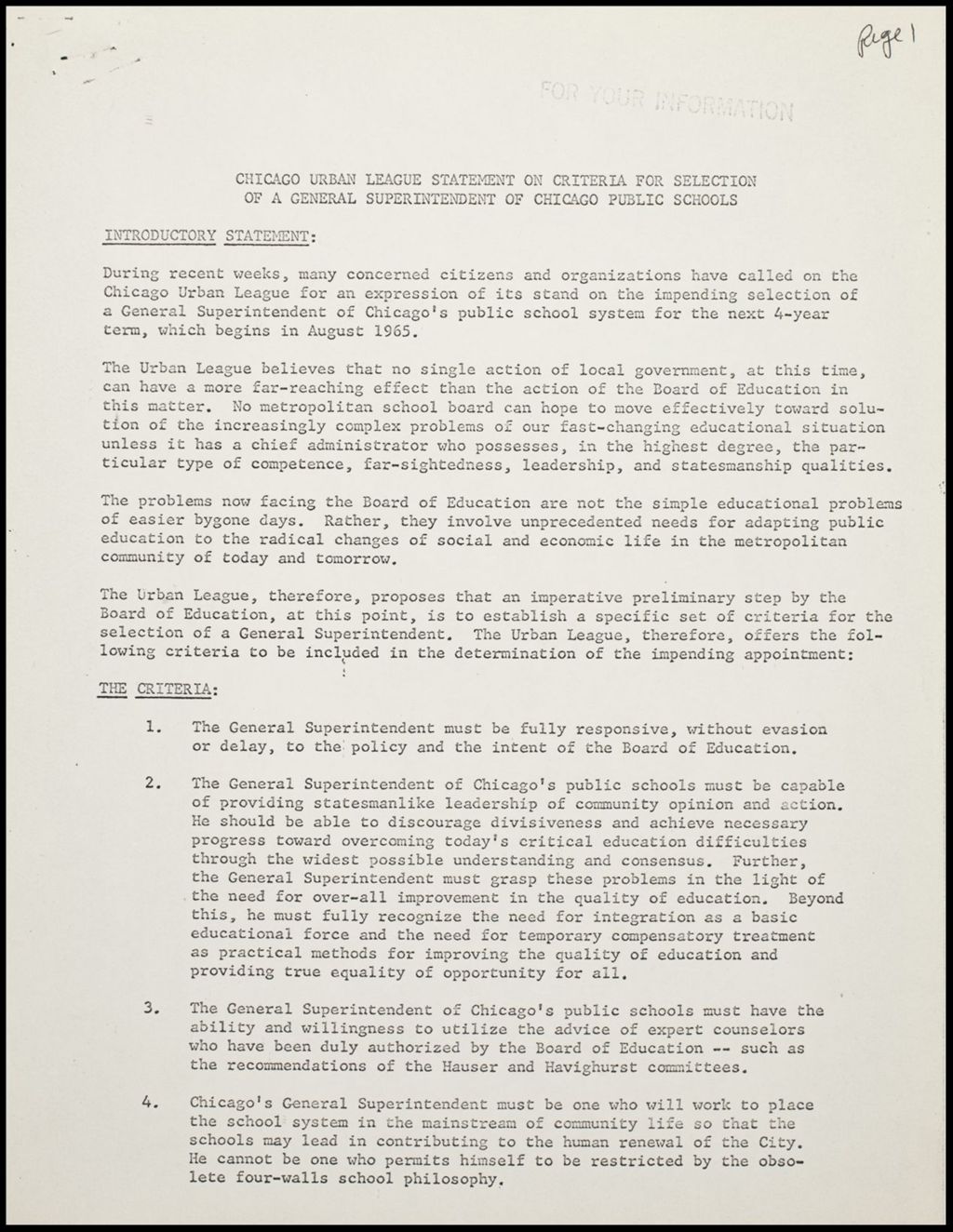 CUL Statement Superintendent CPS, 1961 (Folder IV-1082)