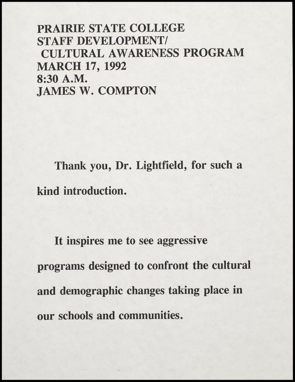 Prairie State College Program, 1992 (Folder IV-1117)
