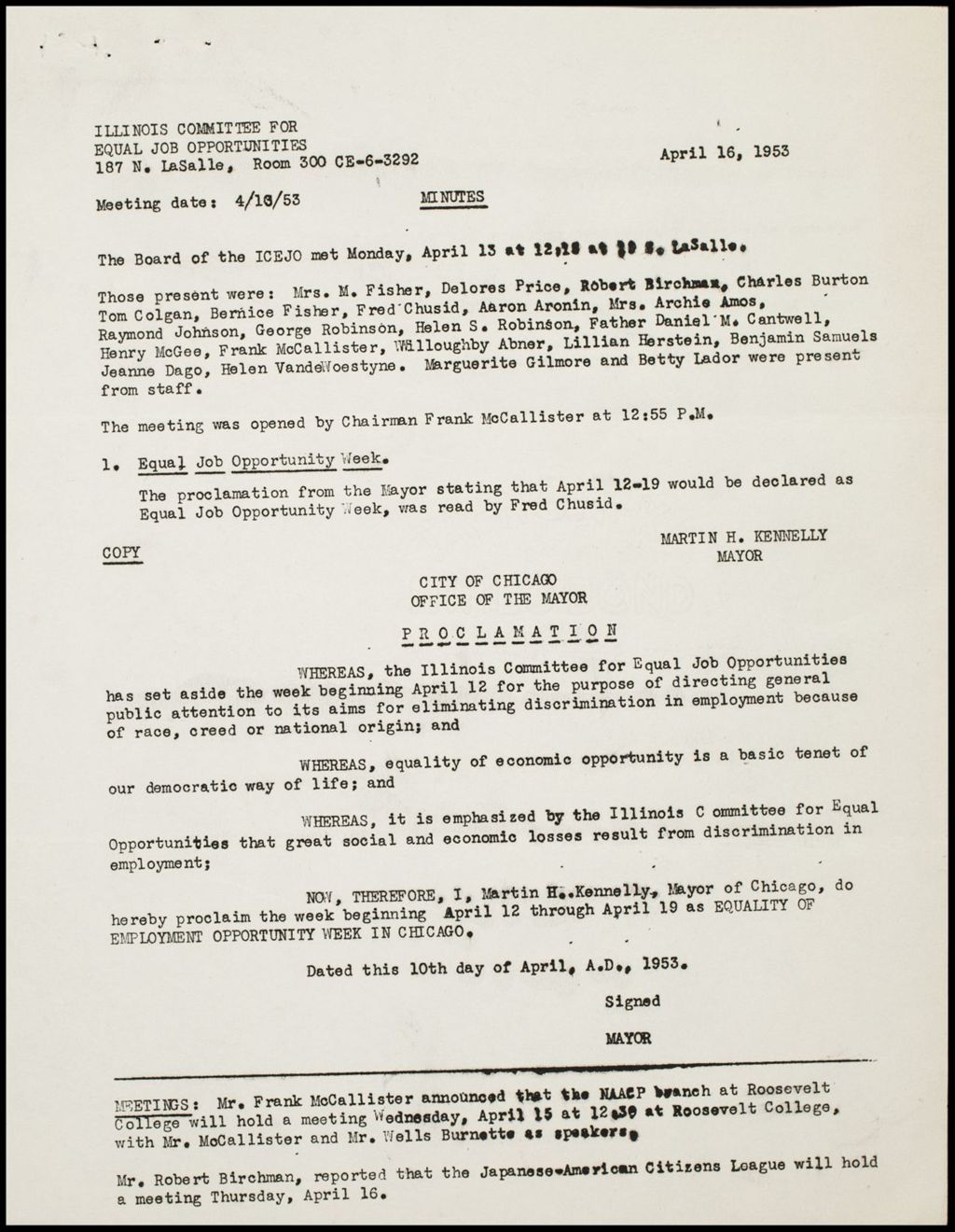 Miniature of Illinois Committee for Equal Job Opportunity minutes, 1953 (Folder I-2715)