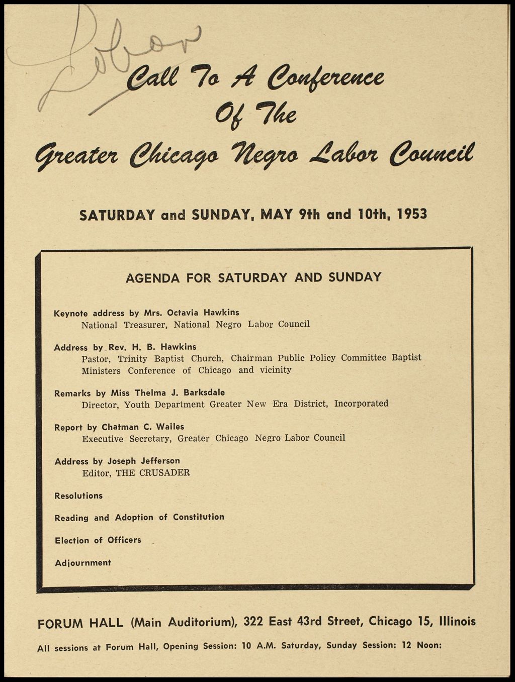 Miniature of Greater Chicago Negro Labor Council Conference, 1953 (Folder I-2713)