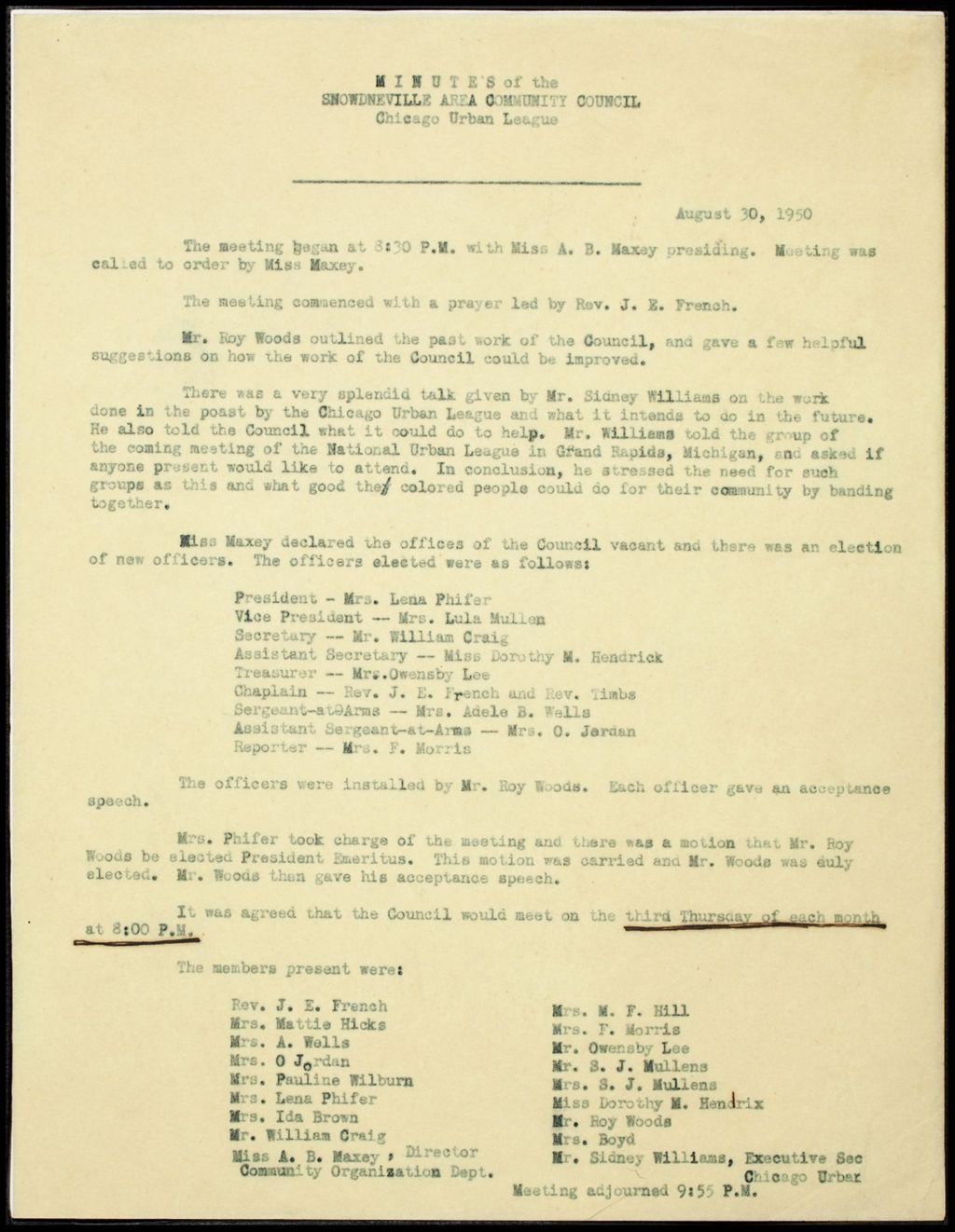 Miniature of Snowdenville Council minutes, 1950 (Folder I-2724)