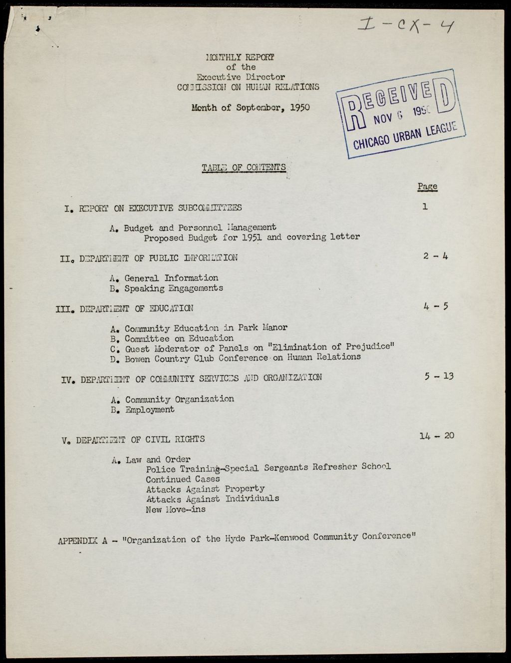 Miniature of Chicago Commission on Human Relations Executive Director reports, 1950 (Folder I-2789)