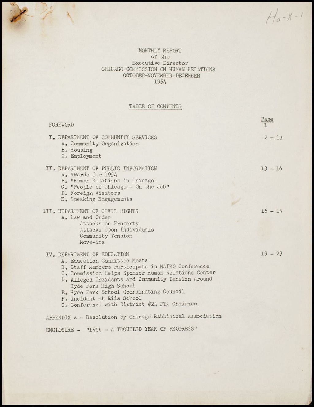 Miniature of Chicago Commission on Human Relations Executive Director reports, 1954-1955 (Folder I-2795)
