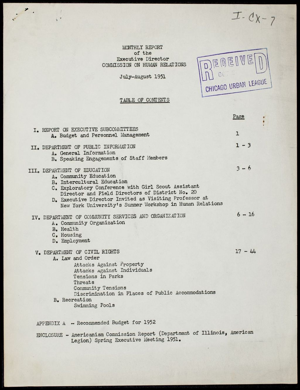 Miniature of Chicago Commission on Human Relations Executive Director reports, 1951 (Folder I-2794)