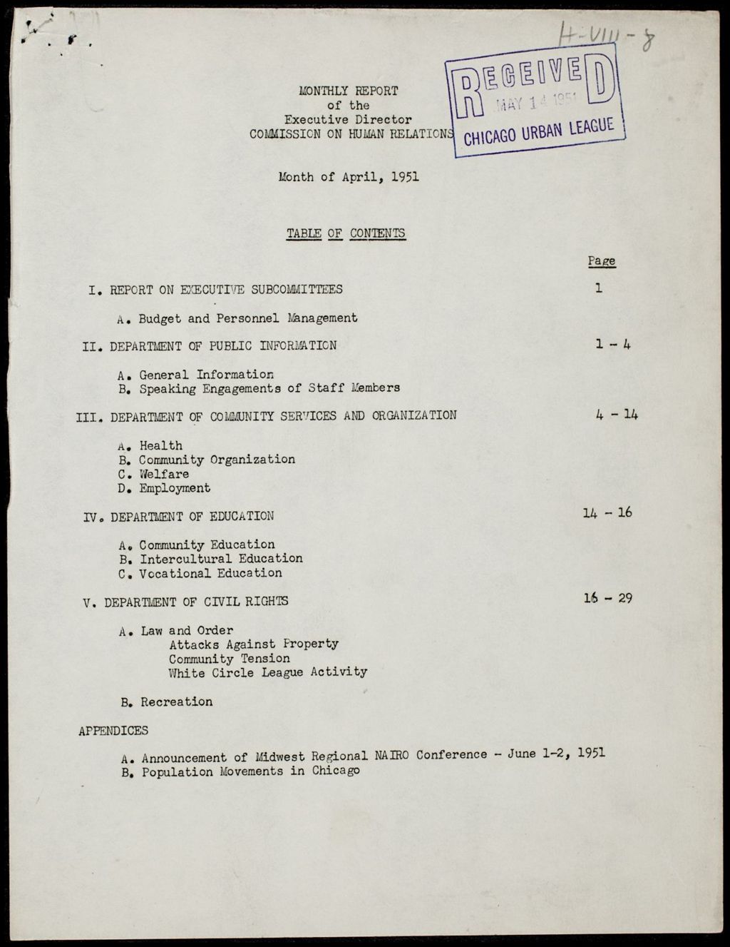Miniature of Chicago Commission on Human Relations Executive Director reports, 1951 (Folder I-2793)