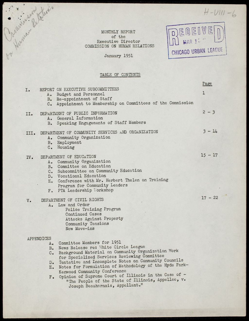 Miniature of Chicago Commission on Human Relations Executive Director reports, 1951 (Folder I-2792)