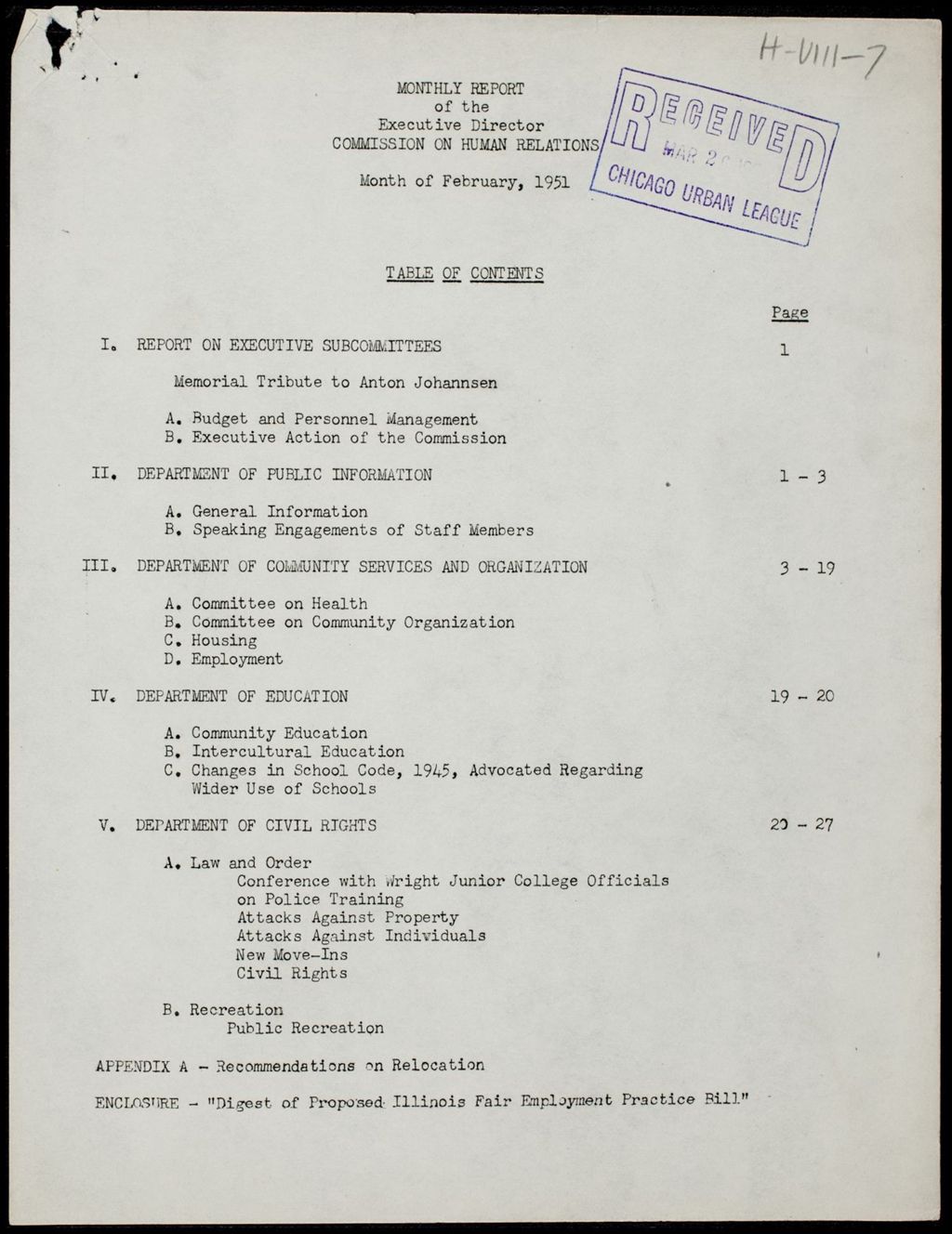 Miniature of Chicago Commission on Human Relations Executive Director reports, 1951 (Folder I-2791)