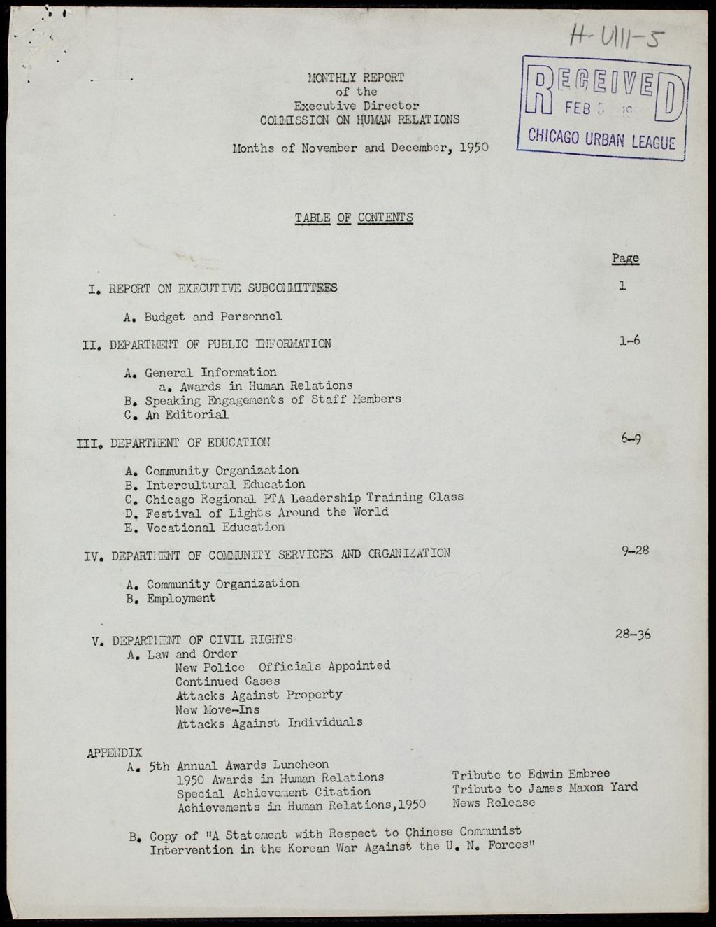 Miniature of Chicago Commission on Human Relations Executive Director reports, 1950 (Folder I-2790)