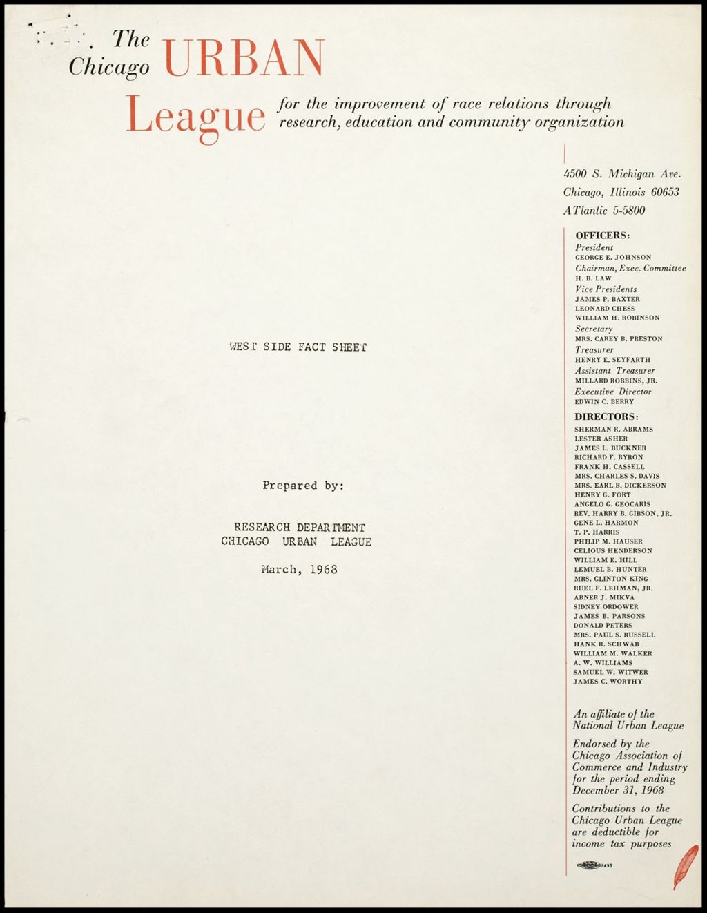 Miniature of West Side Fact Sheet, 1968 (Folder I-2961)
