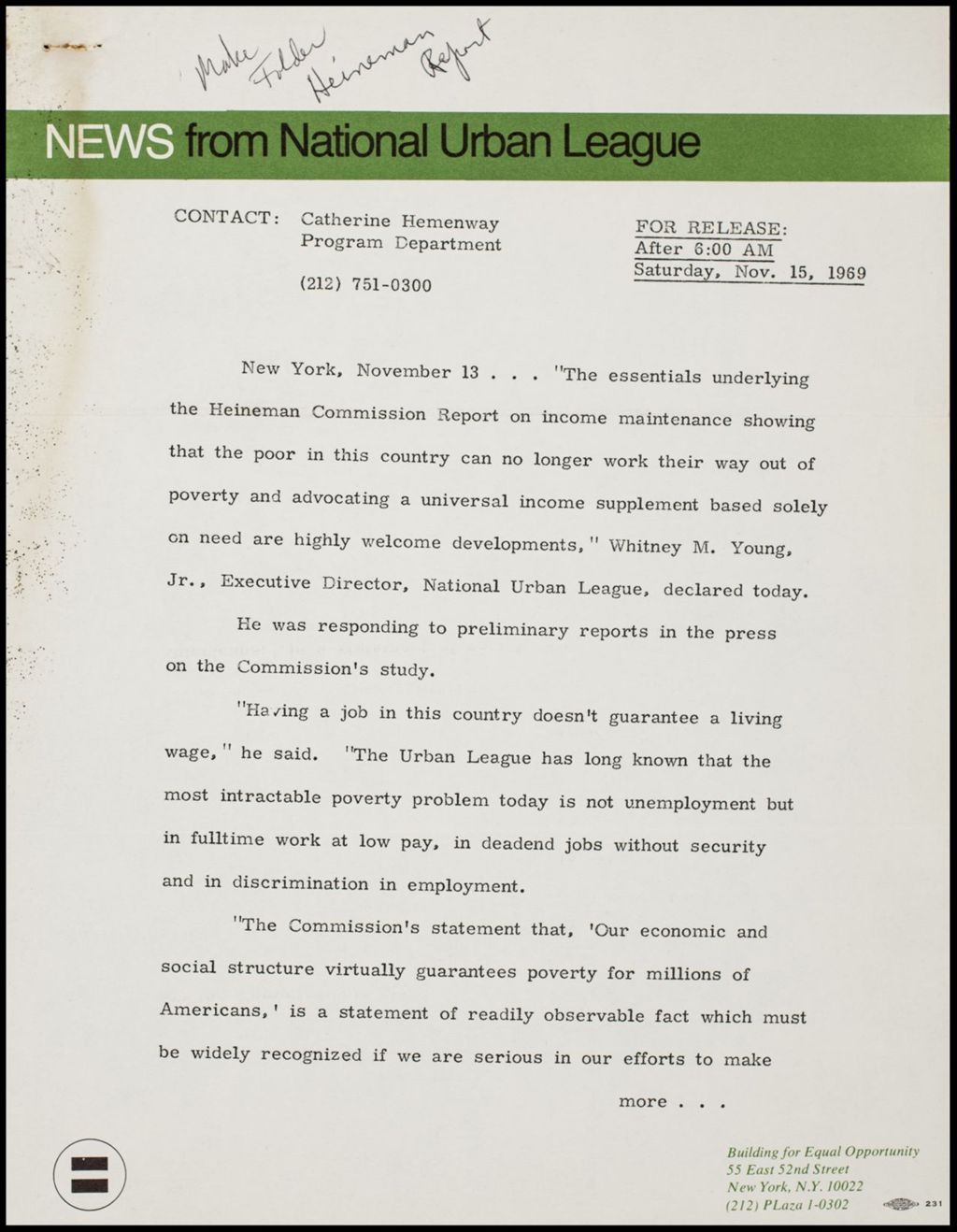 Miniature of National Urban League press release, 1969 (Folder I-2996)