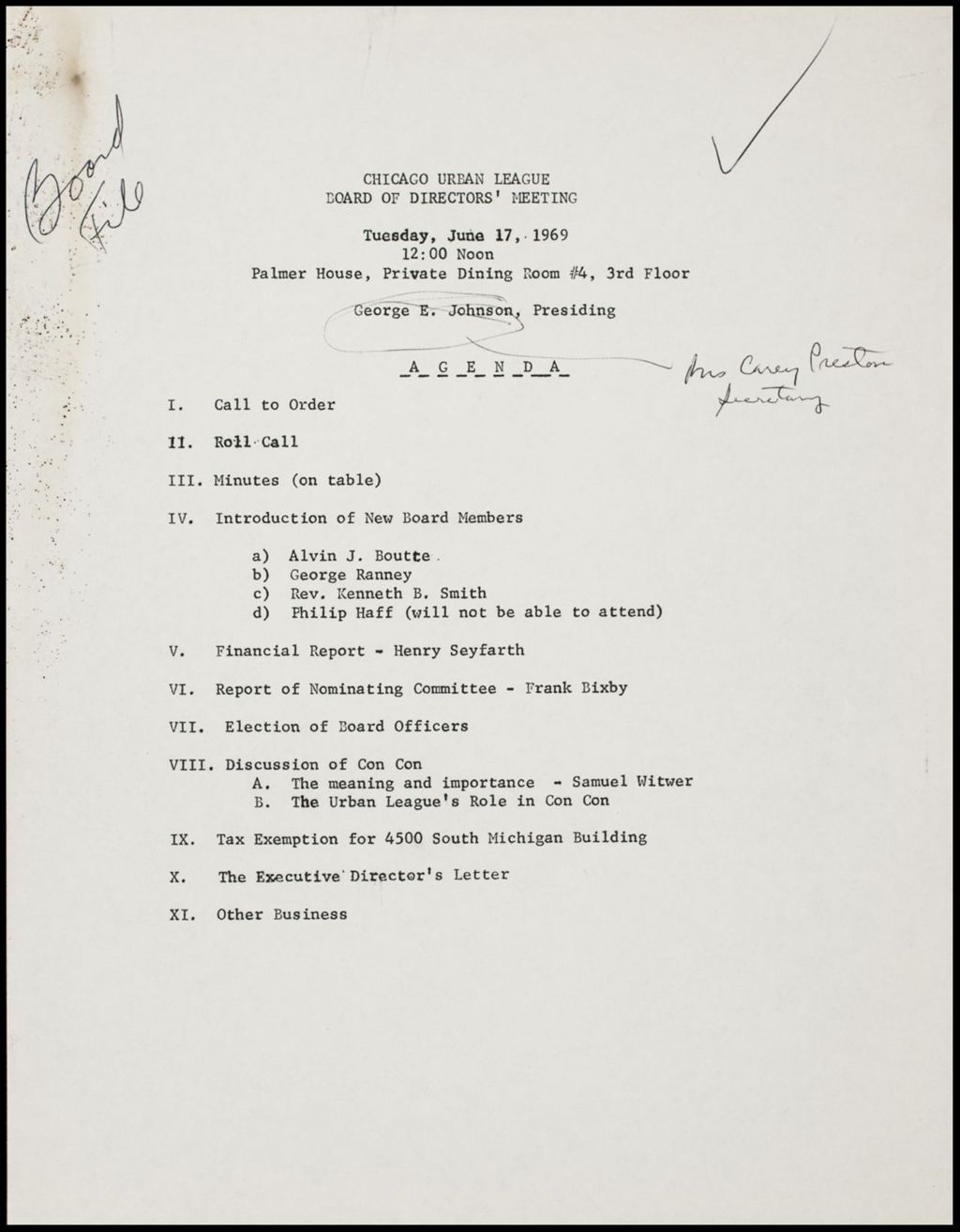 Miniature of Board Meeting - agenda and minutes, 1969 (Folder I-2995)